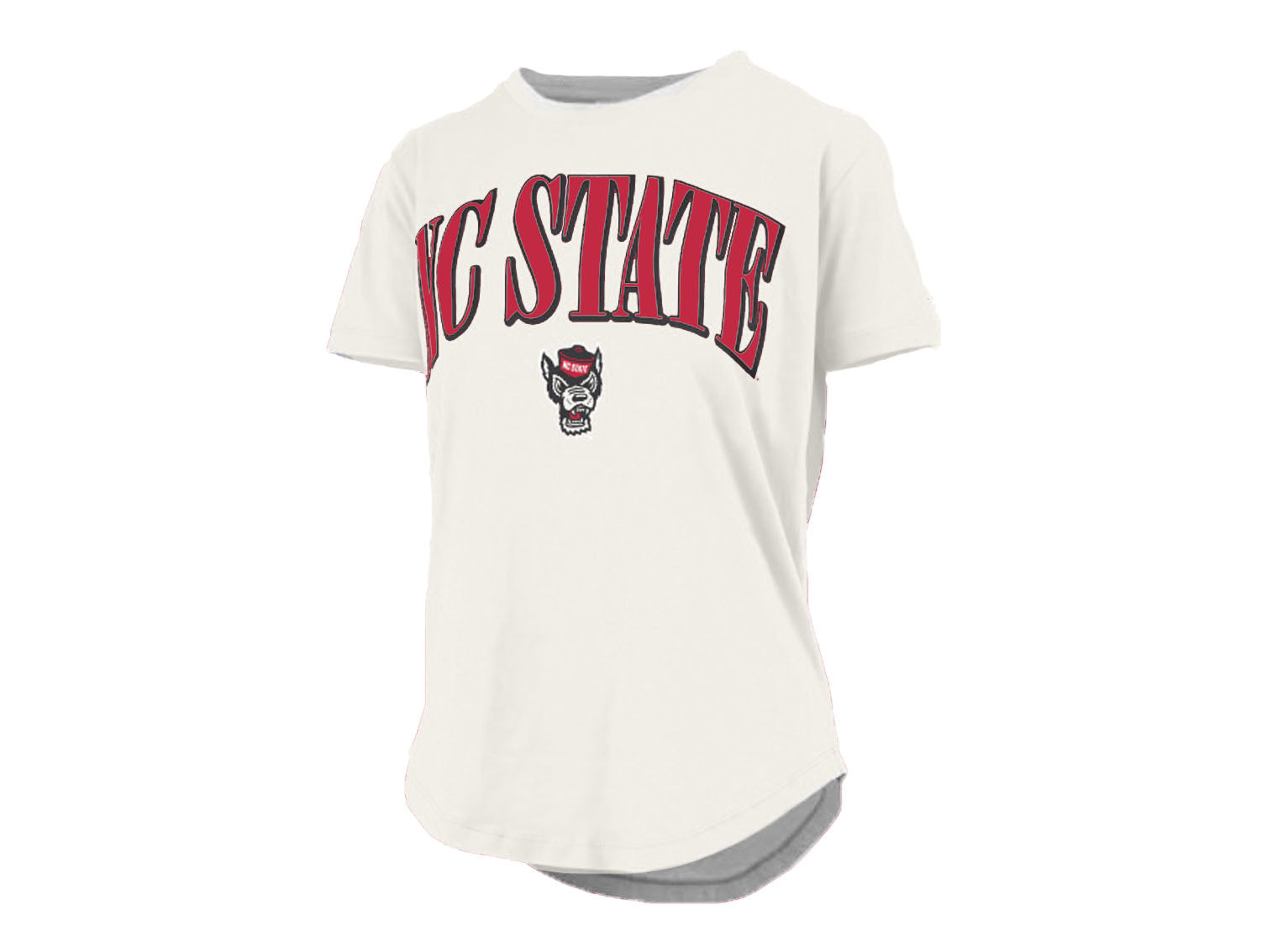 NC State Wolfpack Women's Ivory Primetime Arch Rounded Bottom V-Neck T-Shirt