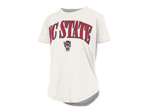 NC State Wolfpack Women's Ivory Primetime Arch Rounded Bottom V-Neck T-Shirt