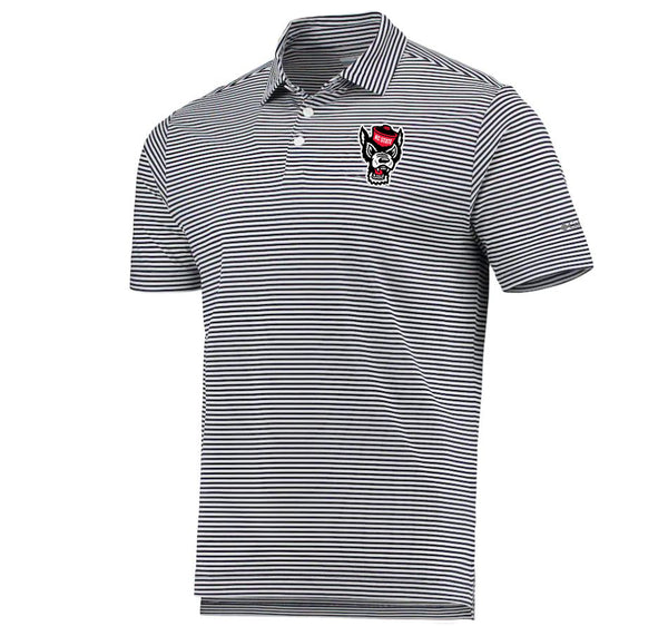 NC State Wolfpack Columbia Black and White Striped Omni-Wick Club Invite Wolfhead Polo