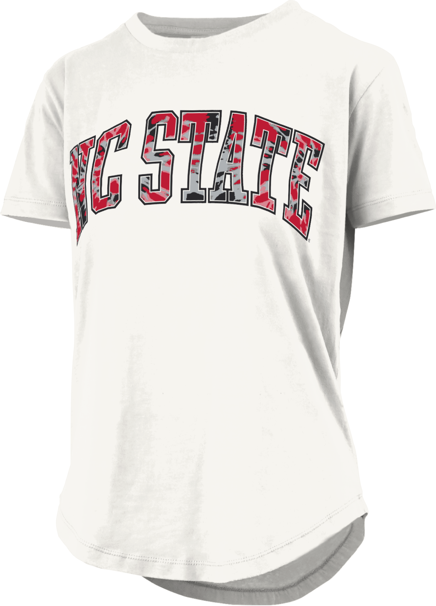 NC State Wolfpack Women's White NC State Arch Tie-Dye Rounded Bottom T-Shirt