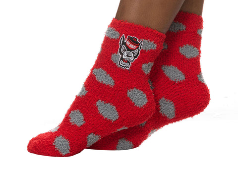 NC State Wolfpack Red Wolfhead w/ Grey Polka Dot Fuzzy Socks