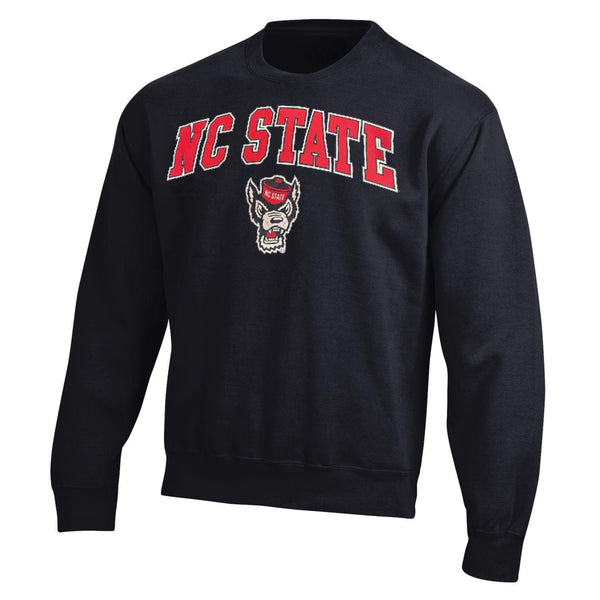 NC State Wolfpack Black Arch Over Wolfhead Fleece Crewneck Sweatshirt