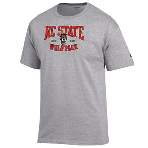 NC State Wolfpack Champion Grey Arched Wolfpack Est. 1887 Over Wolfhead T-Shirt