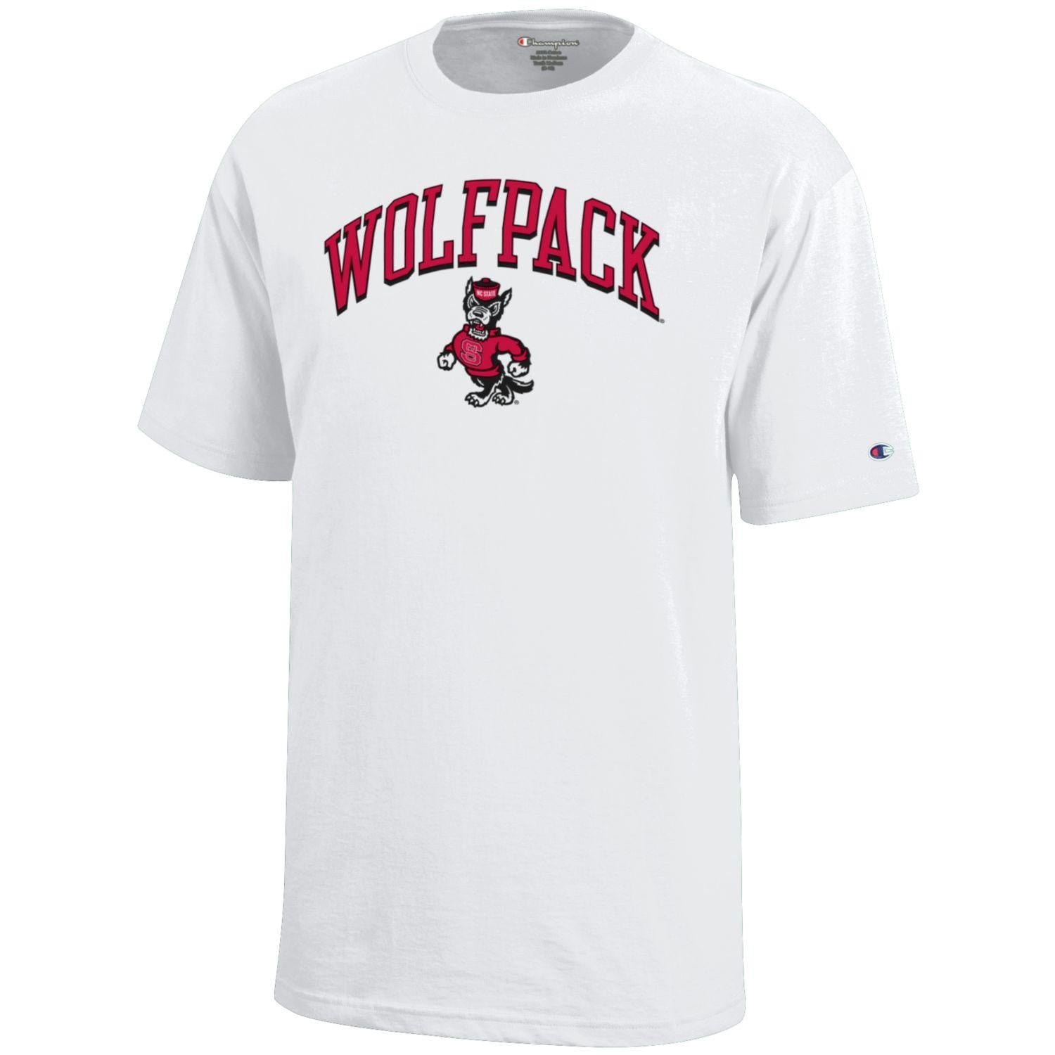 NC State Wolfpack Champion Youth White Wolfpack Arched Strutting Wolf T-Shirt