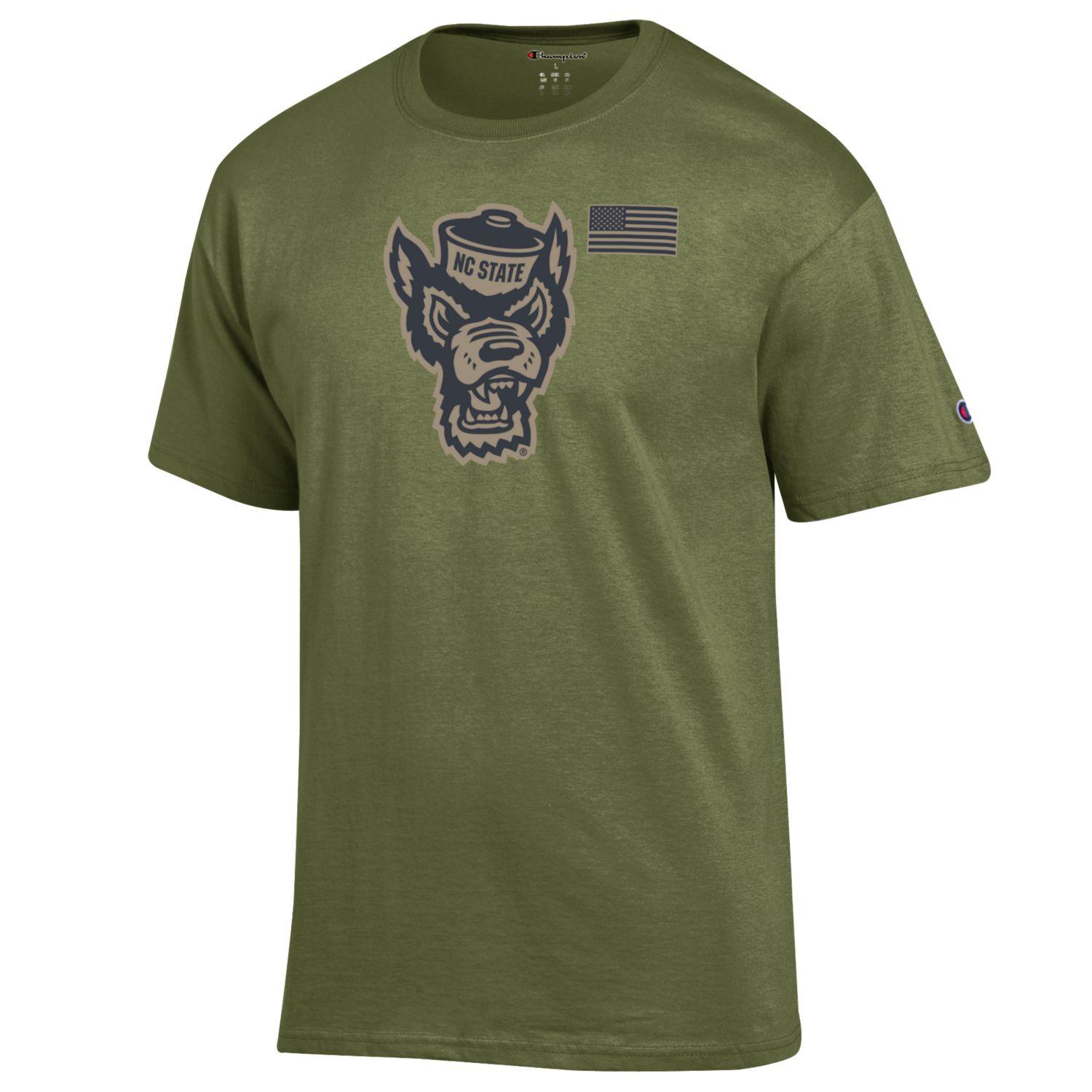NC State Wolfpack Champion Cargo Green Wolfhead Salute To Service T-Shirt