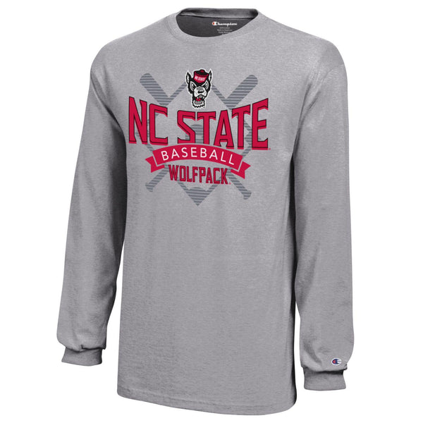 NC State Wolfpack Champion Youth Grey Wolfhead Baseball Diamond and Bats Long Sleeve T-Shirt
