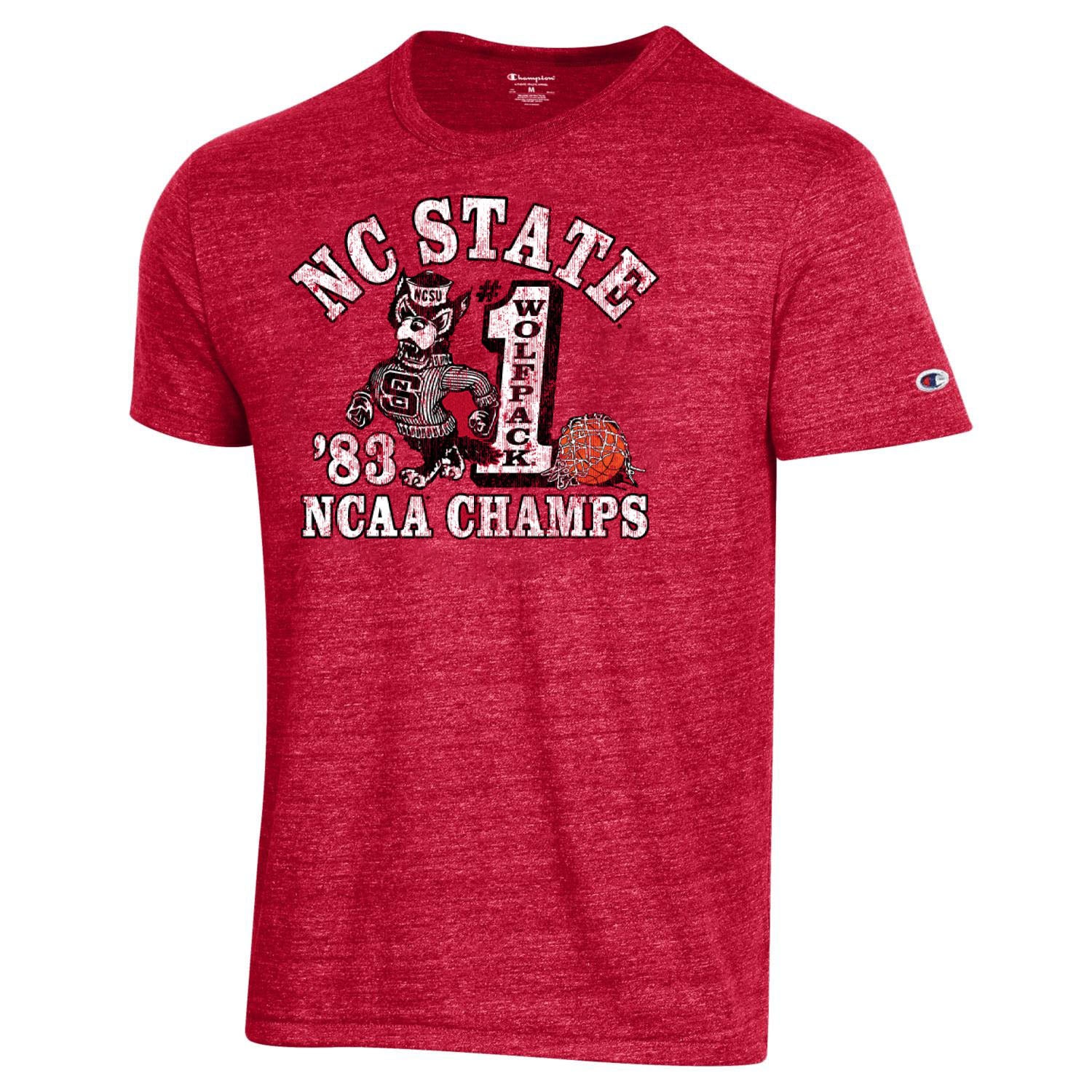 NC State Wolfpack Champion Heather Red Arched 1983 National Champs T-Shirt