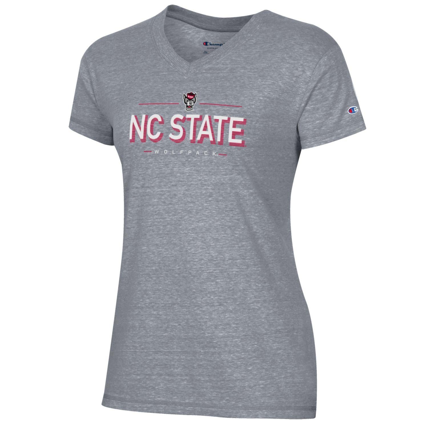 NC State Wolfpack Champion Women's Gunsmoke Grey Wolfhead Between Lines V-Neck