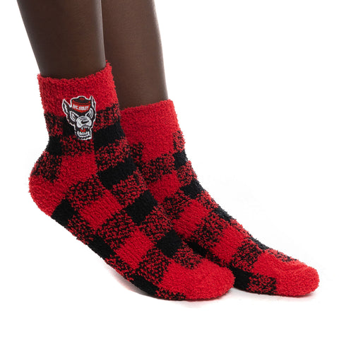 NC State Wolfpack Red and Black Buffalo Check Wolfhead Fuzzy Socks