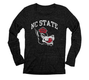 NC State Wolfpack Blue 84 Arch NC State Over Slobbering Wolf Heather Black Long Sleeve T-Shirt