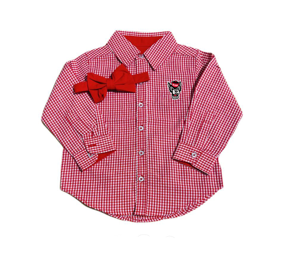 NC State Wolfpack Infant and Toddler Gingham Button Down w/ Red Bowtie