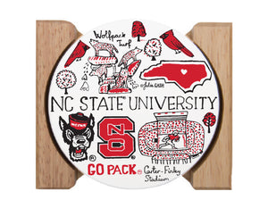 NC State Wolfpack Julia Gash Landmarks 4-Pack Stone Coasters w/ Wood Holder