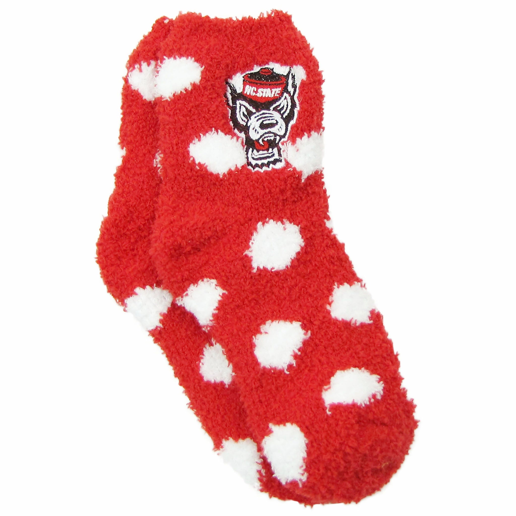 NC State Wolfpack Youth Red Wolfhead w/ White Polka Dot Fuzzy Socks