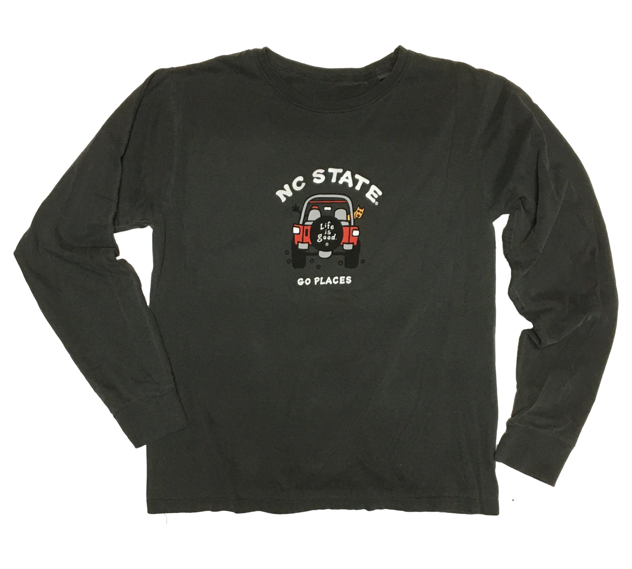 NC State Wolfpack Life Is Good Black Dyed Ringspun Jake 4x4 Long Sleeve T-Shirt