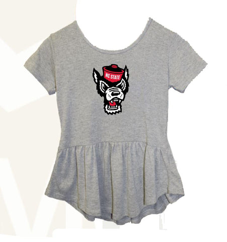 NC State Wolfpack Youth Girl's Heather Grey Peplum Wolfhead S/S T-Shirt