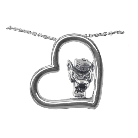 NC State Wolfpack Silver Wolfhead Heart Pendant Necklace