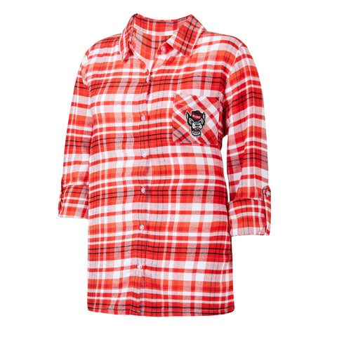 NC State Wolfpack Women's Red and White Wolfhead Flannel Nightshirt